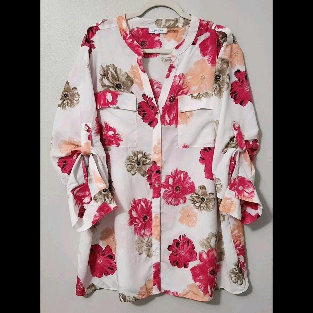 Calvin Klein Top 3x Plus Size Button Down V Neck Floral - Picture 1 of 6